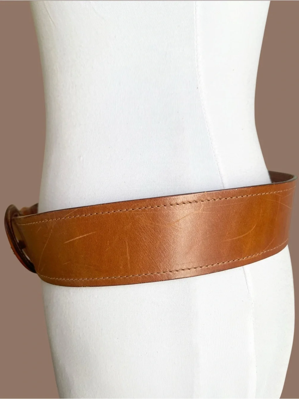 Cognac Brown Leather Wide Waist Belt Oversized D Buckle Size M